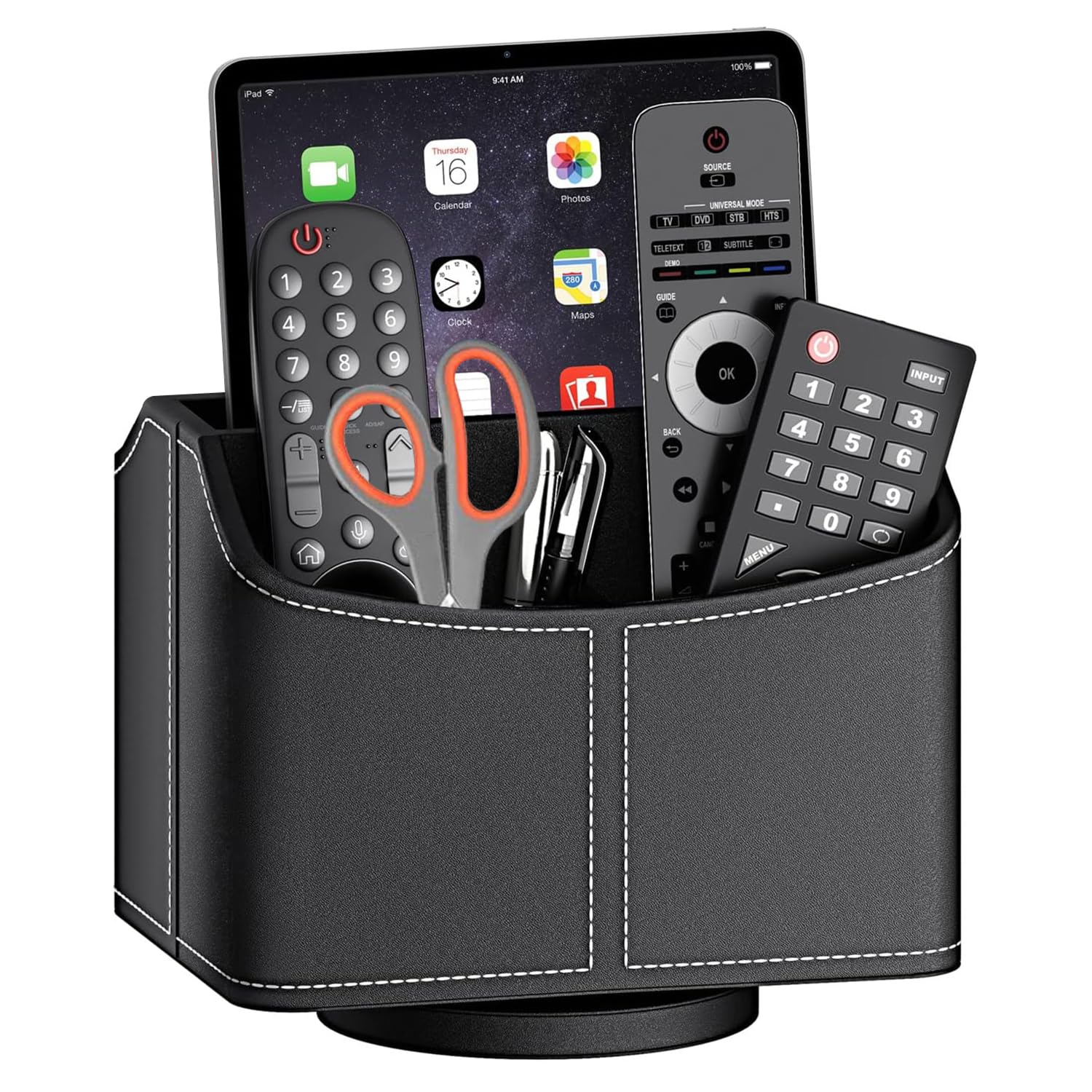 Tasnme Leather Desk Organizer Tv Remote Control Holder 360 Degrees Rotatable Leather Remotes Caddy Office Desktop Organizer Storage Box For Home Decoration Cosmetic Accessories E-Reader Ipad Phone Pen Stationery
