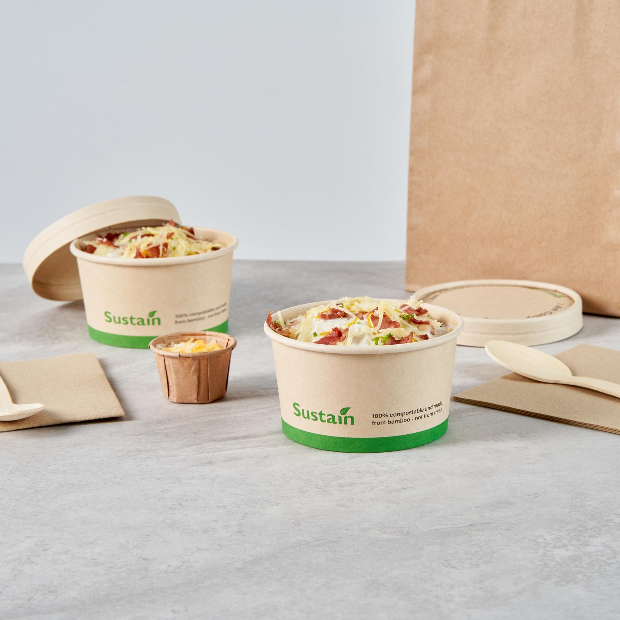 Restaurantware - Contenedores de sopa de papel de 8 onzas, 200 tazas desechables para helado, las tapas se venden por separado, con forro de ácido poliláctico, cuencos de sopa caliente de bambú para