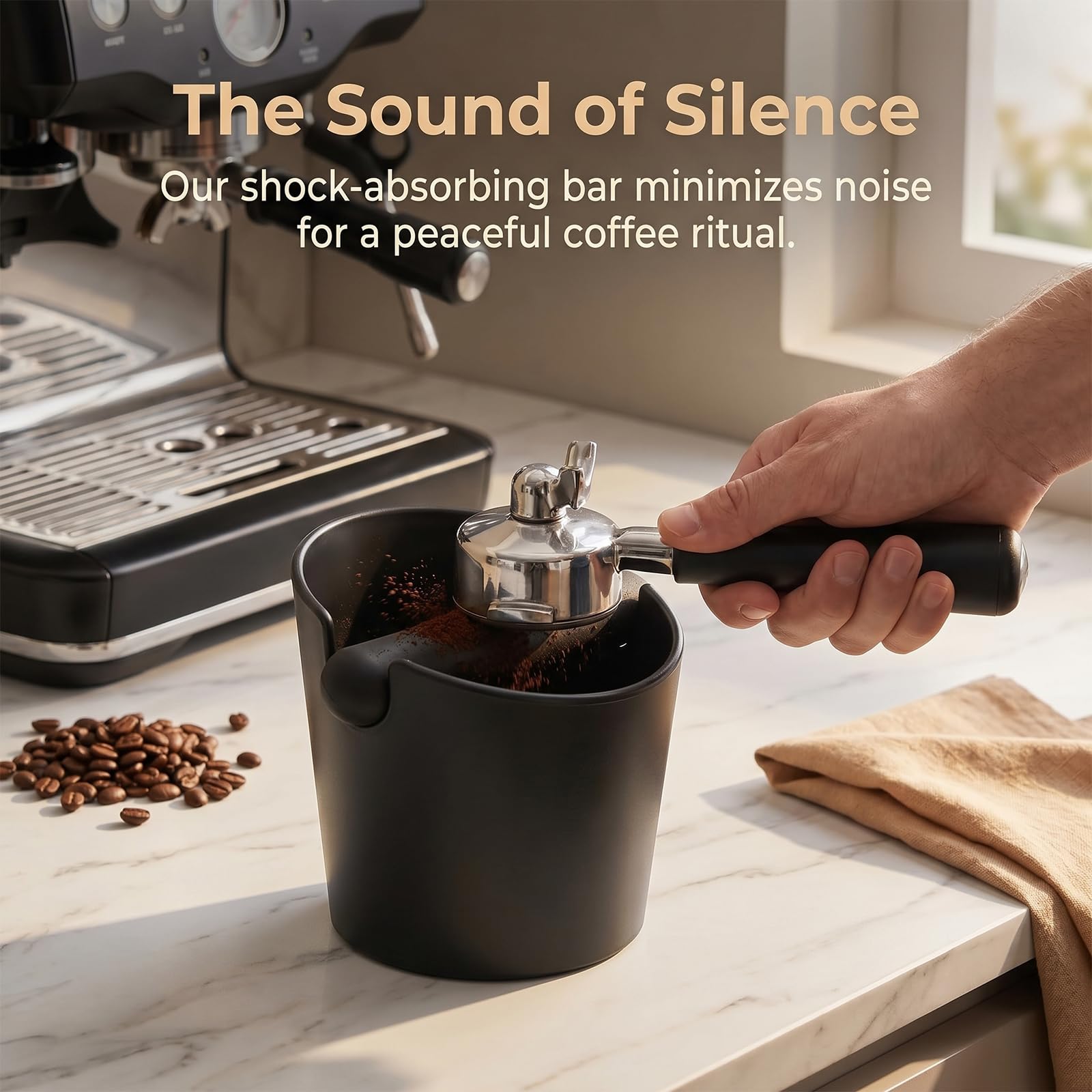 Ideal Swan Abklopfbehälter für Siebträger, Knock Box Barista Zubehör | Kaffeesatz Abschlagbehälter Espresso, Klopfbox Abschlagbox mit Abnehmbarer Klopfstange Silikon, Rutschfest & Geräuschdämpfend