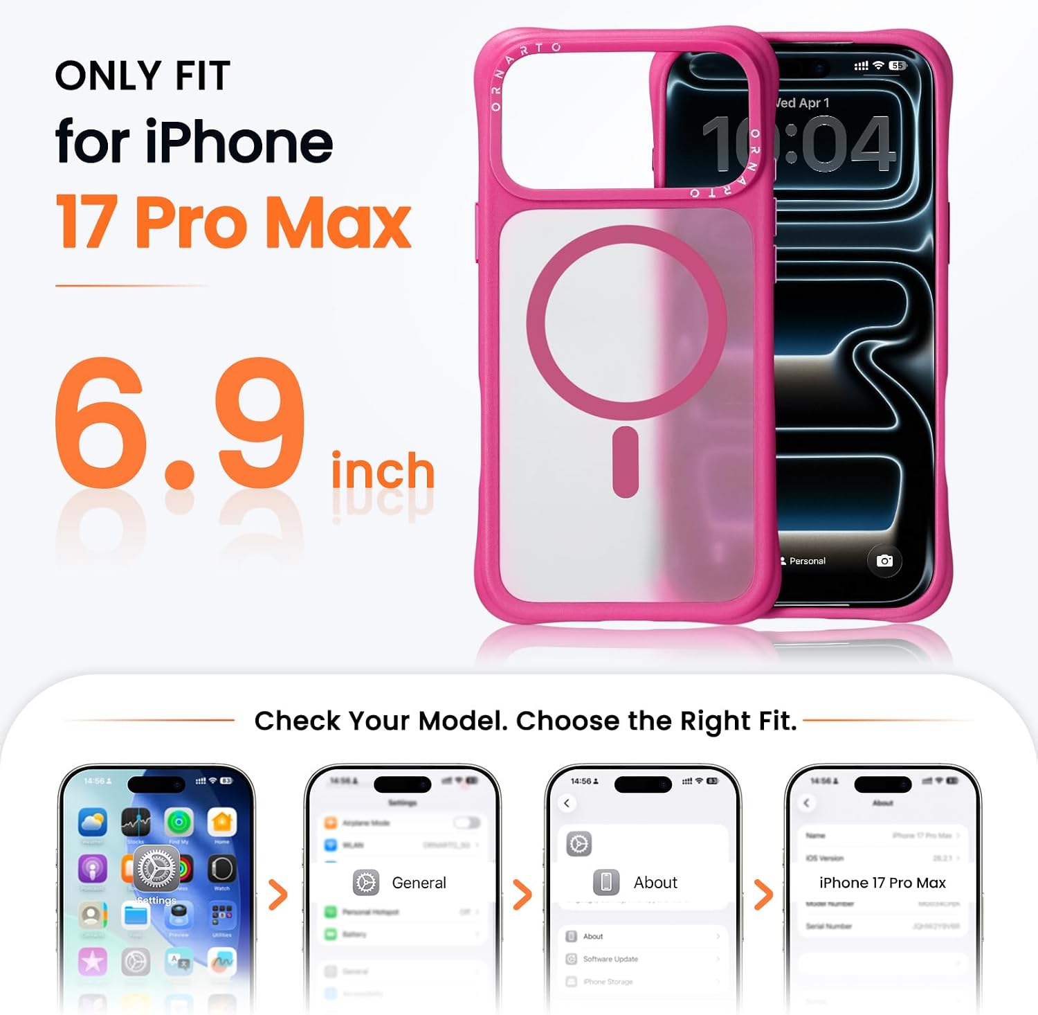 ORNARTO Magnetic for iPhone 17 Pro Max Case, Translucent Matte, Hot Pink image 2