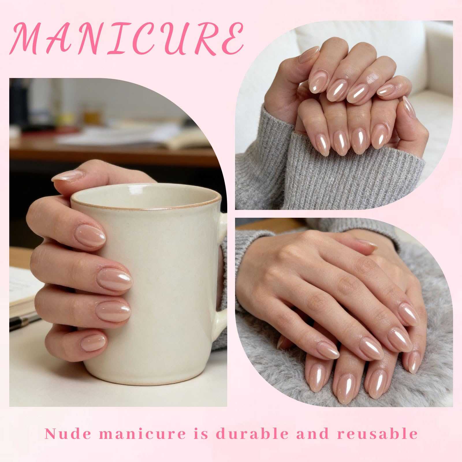 Press On Nails Zestaw 24 krótkich sztucznych paznokci w kształcie migdałów z chromowanym odcieniem chromu, efektem lustra i perłowym połyskiem, do eleganckiego użytku na co dzień