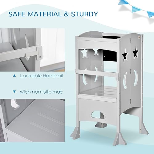 Miniatura 15 de Qaba Taburete de cocina plegable 2 en 1 para niños, torre de pie con pizarra y pasamanos con cerradura para niños de 3 a 6 años, color blanco