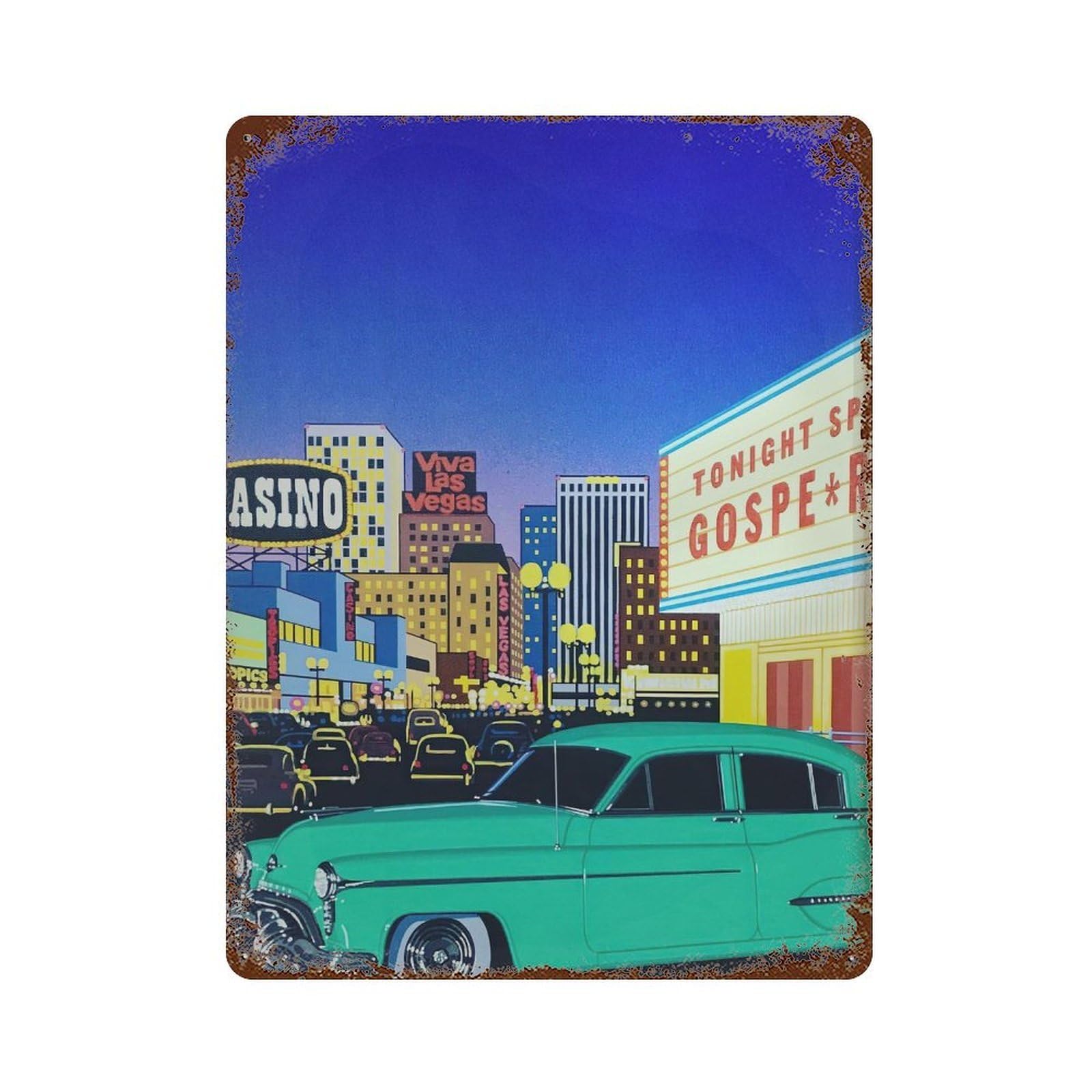 xiaoxiaoshen Car And Vegas Cityscape. Hiroshi Nagai Japanese City Pop Wall Decor Art Metal Tin Poster Modern Home Decor Art Home Bar Shop Decorations Vintage Sign 40x30cm