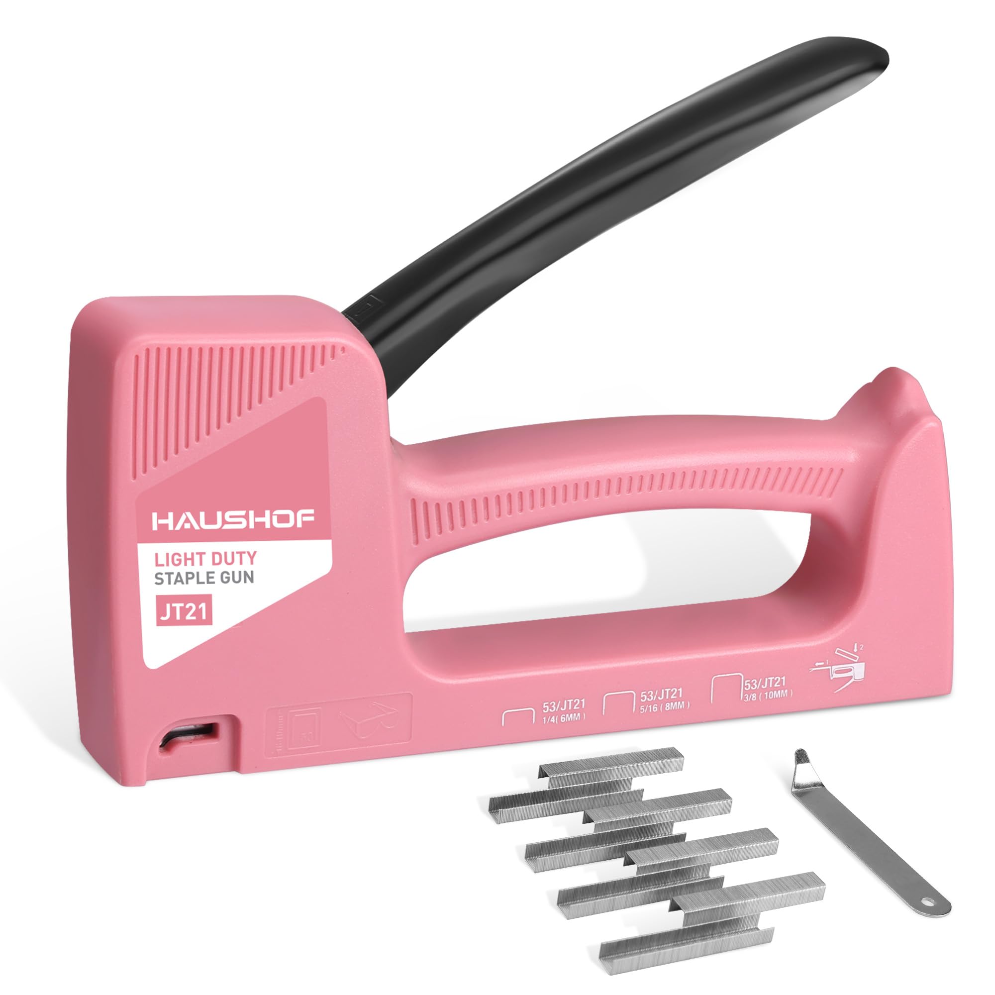 HAUSHOF Handtacker Tackerpistole Pink, Polsterung Heftpistole Holztacker für Klammern Typ 53, mit 800 Klammern 8mm und Klammerentferner für Holz, Stoff, Möbel