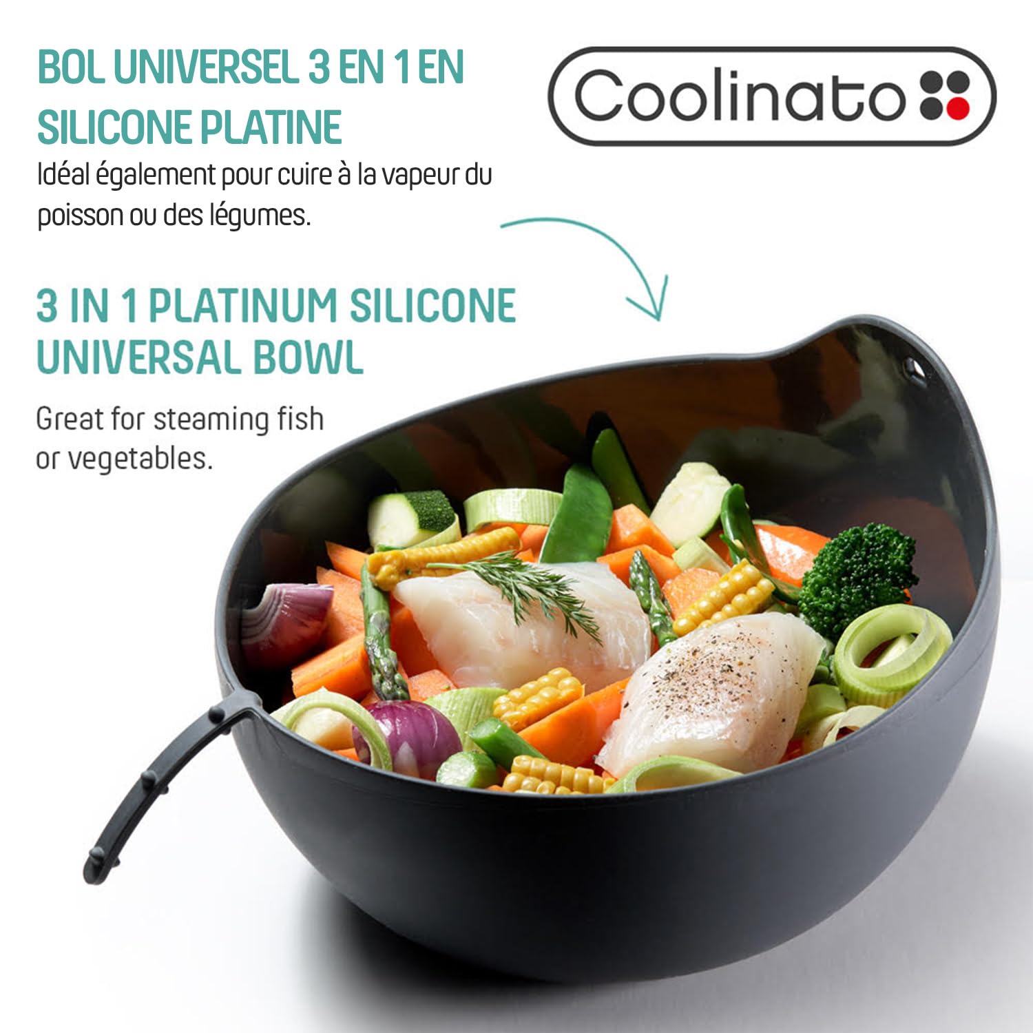 Coolinato Bol universel 3 en 1 en silicone, moule à pain pour cuire, mélanger et cuire à la vapeur, résistant à la chaleur jusqu'à 230 °C, 24cm