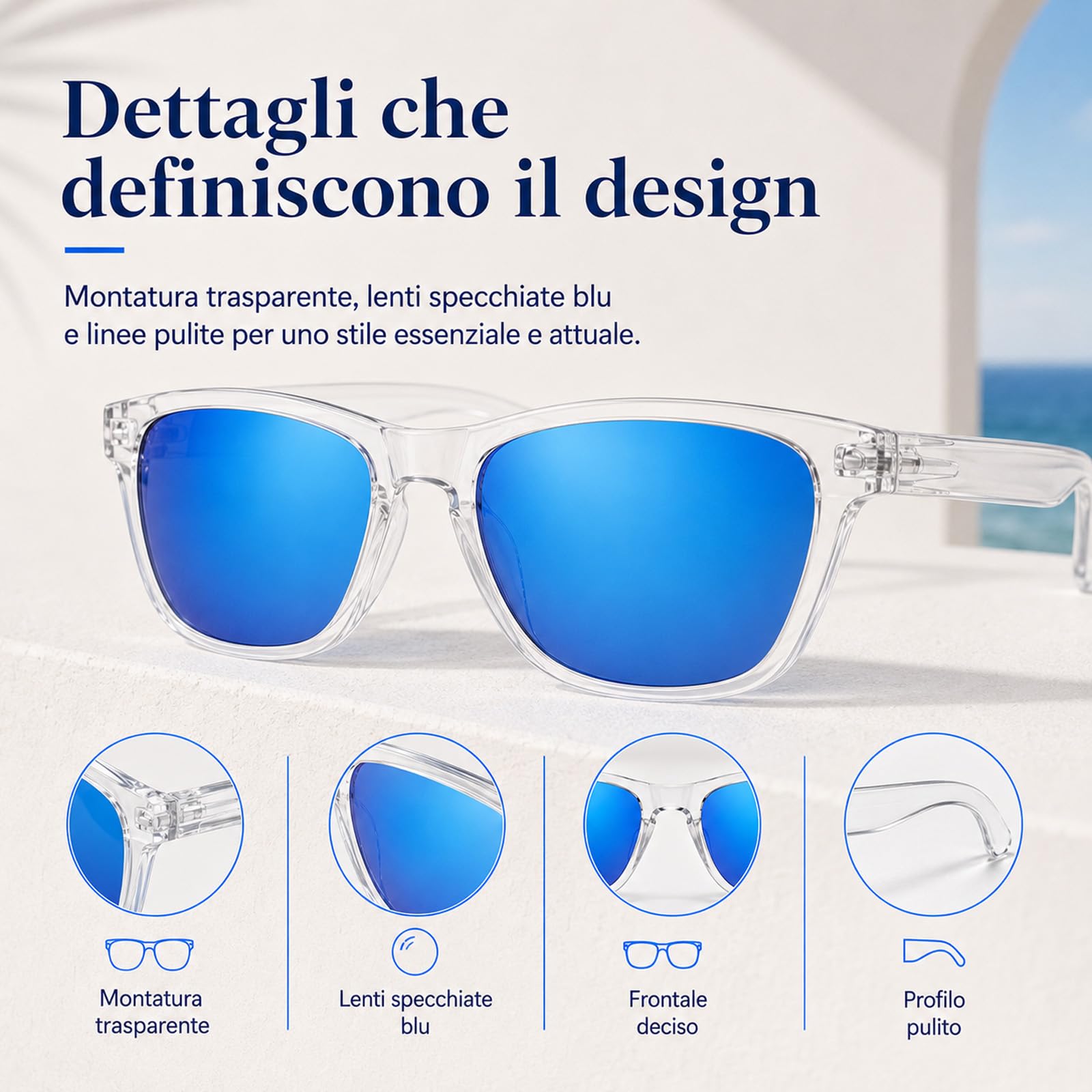 MarcoMoretti Occhiali da Sole UV400 Lenti Blu Unisex