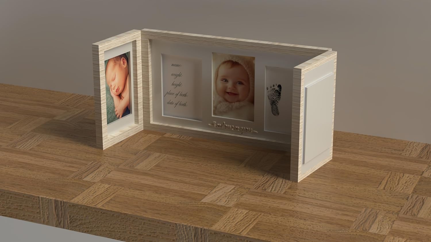 Baby Keepsake Photo Frame with Handprint and Footprint Kit Beige MDF Baby Memory Frame, Trifold Design with 5 Photo Display, Newborn Ink Print Kit