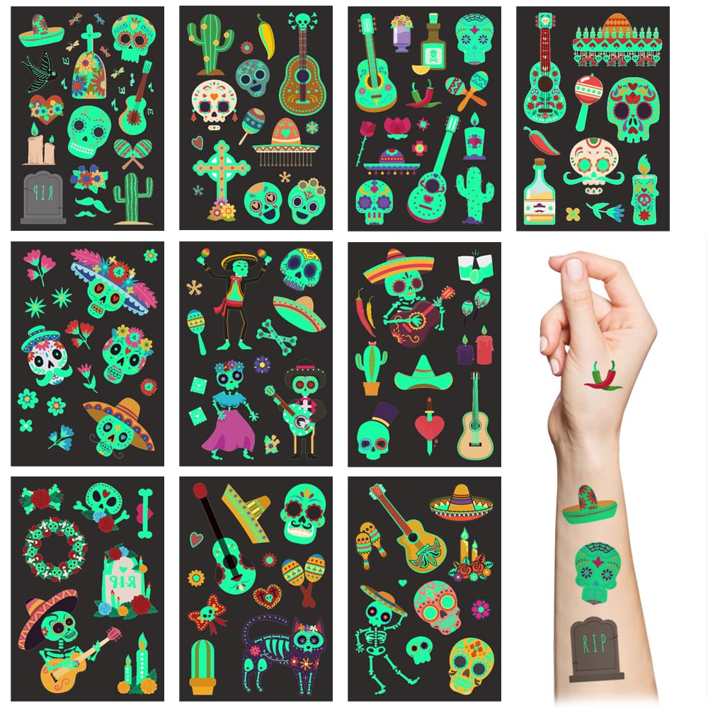Day of the Dead Temporary Tattoos for Kids,10 Sheets Mexican Fiesta Glow in The Dark Tattoo Sticker,Sugar Skull Skeleton Cactus Tattoo Set for Girls Boys Halloween Party Supplies