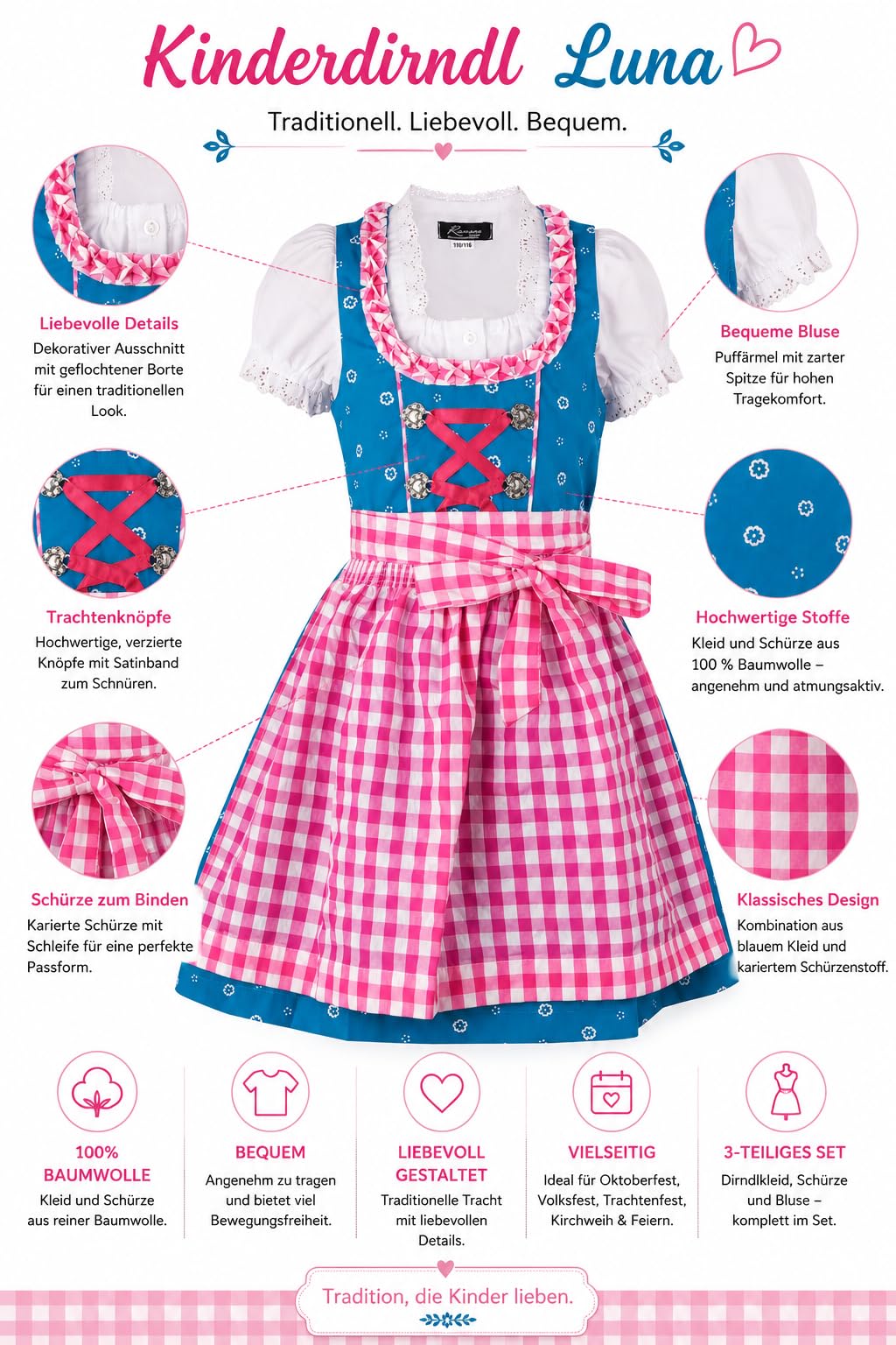 Ramona Lippert Kinderdirndl Luna Türkis, 3-teilig mit Bluse und Schürze