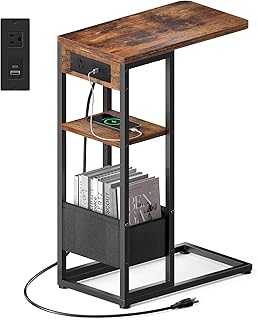 C Shaped End Table with Charging Station, Small Side Table for Couch Recliner, Slide Under Sofa Desk Snack Tables with Storage Bag & AC / USB Outlet, Small Spaces Drink Tables for Living Room, Bedroom