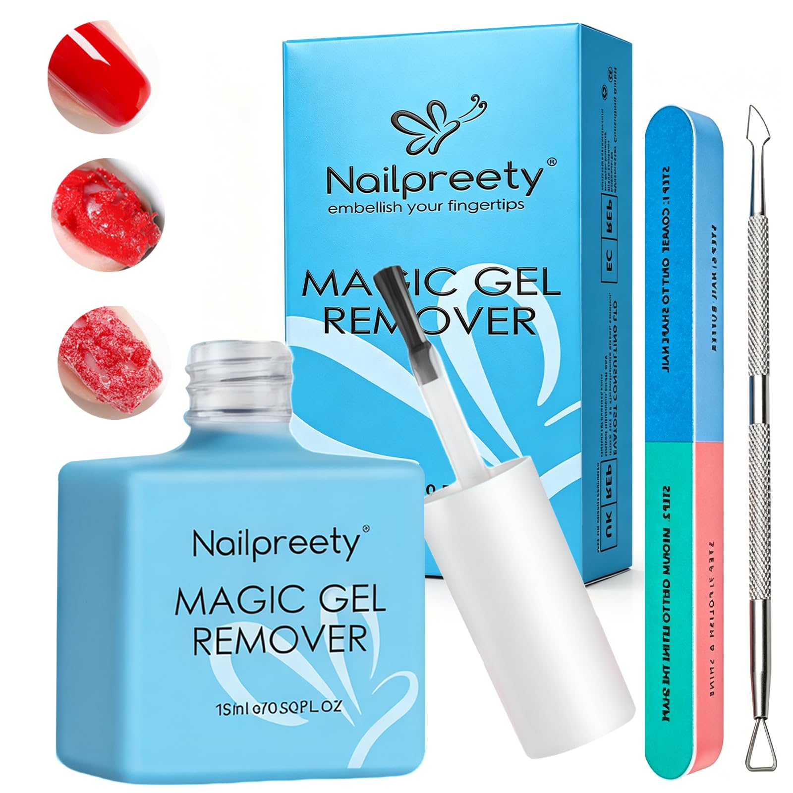 Dissolvant Vernis Semi Permanen Kit,Dissolvant-Vernis à Ongle en Gel,Gel Nail Polish Remover Inclus Lime à Ongles,Grattoirs pour Vernis à Ongles,Enlever Facile Et Rapide De L'ongle En Gel,15ML