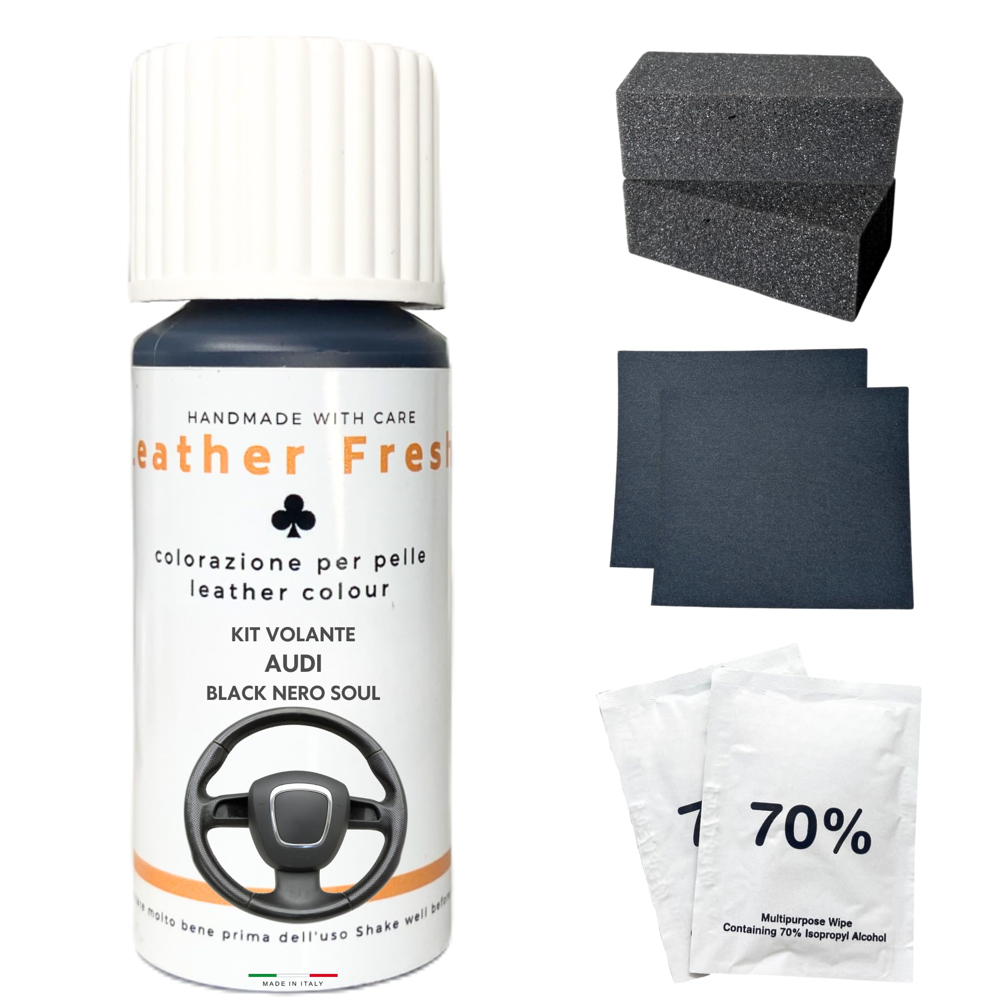 Mycolourcare Kit Ritocco Volante Nero Chiaro Soul compatibile con Audi per Pelle Ecopelle Vegan Colore Semplice Applicazione Alternativa Coprivolante, vernice 3 in 1