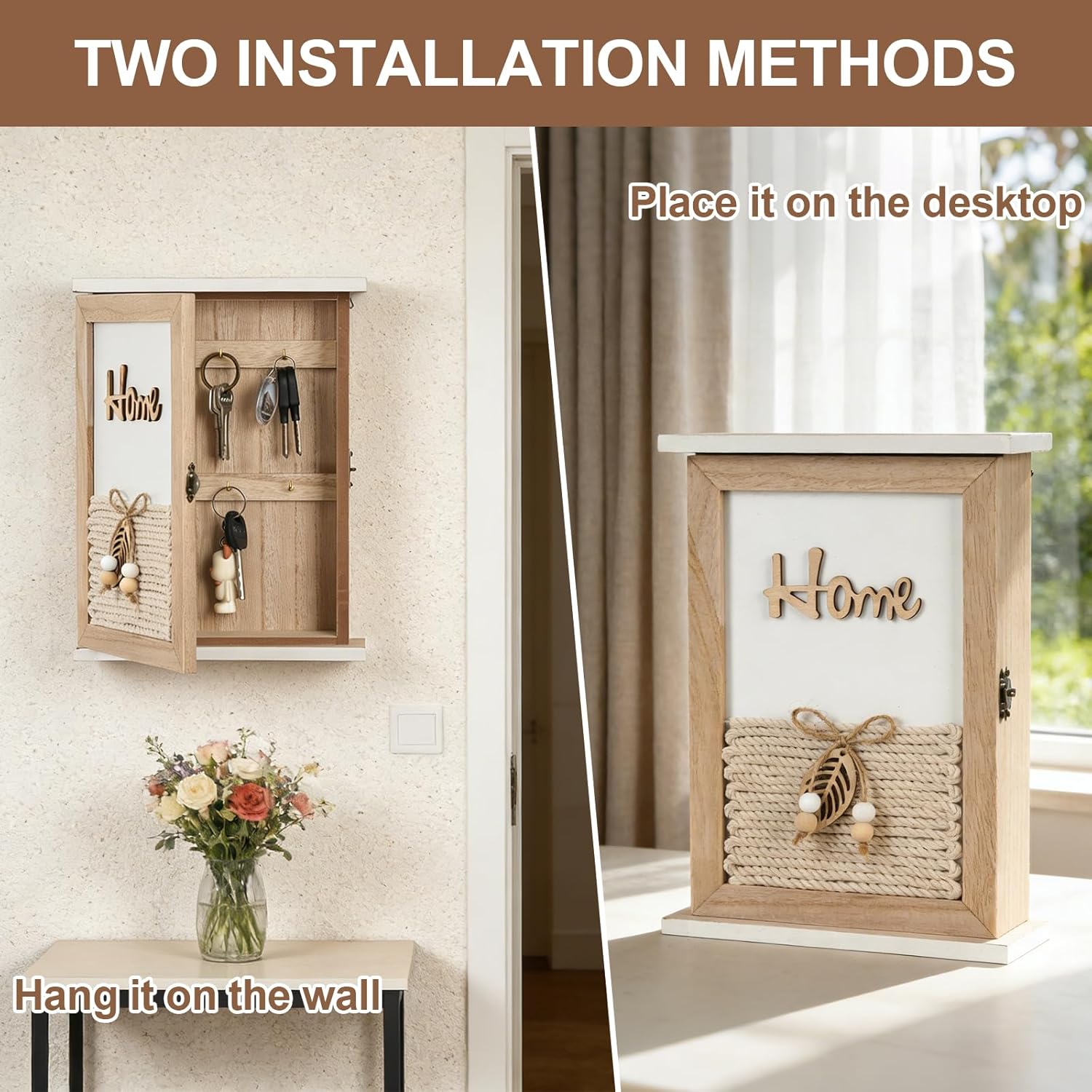 Key Holder for Wall, Rustic Wooden Wall Mount Key Box with 6 Hooks, Farmhouse Key Storage Organizer Key Rack for Entryway Hallway Office, Boho Home Decor