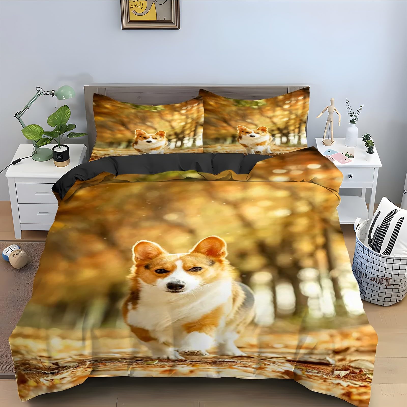 Housse de Couette 240x260 Corgi Anti-Glissement avec Fermeture Éclair en Microfibre