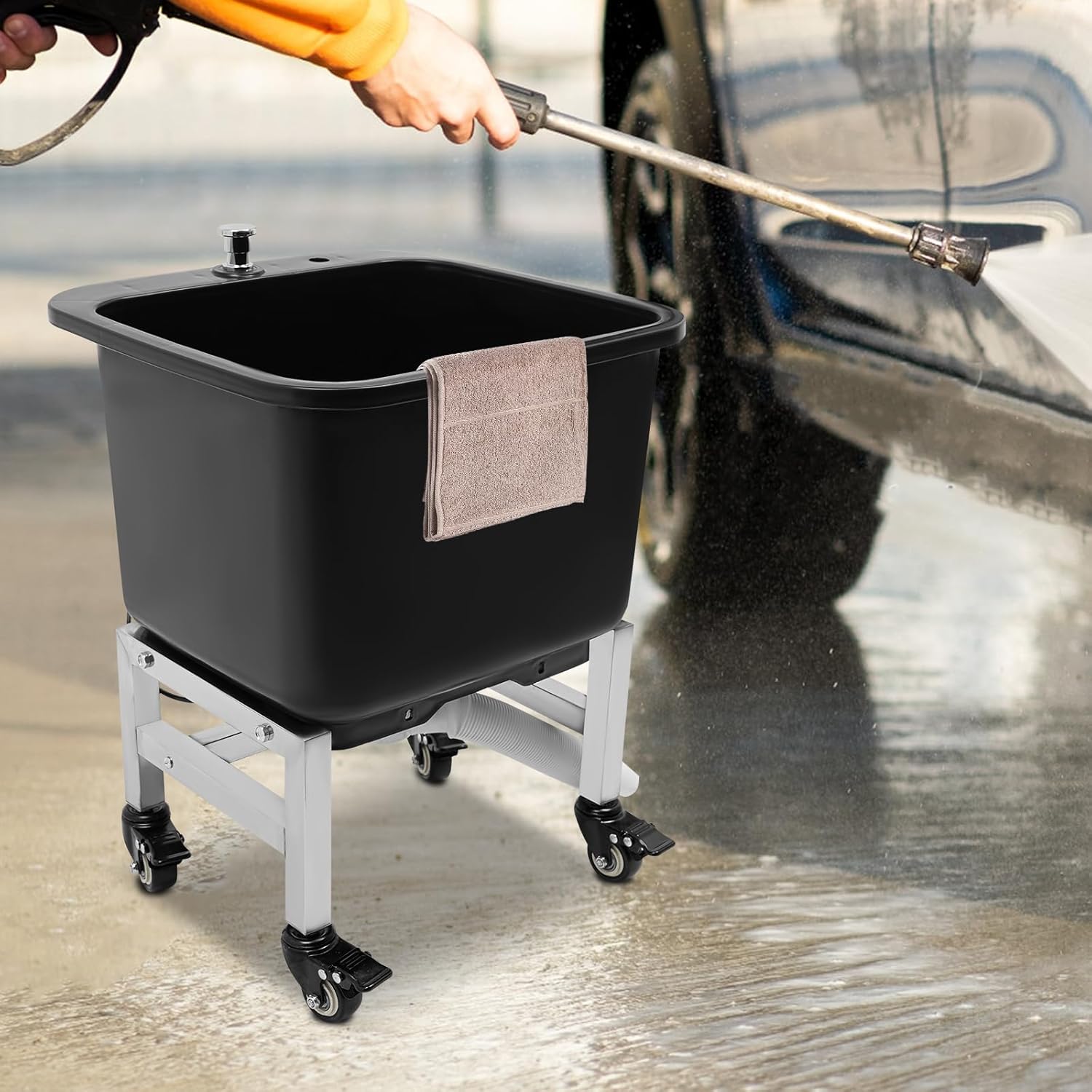 Freestanding Floor Mop Sink, Commercial Floor Plastic Mop Basin, Multi-Functional Household Mop Buckets w/Wheels, for Restaurants, Bars, Garages, Bathrooms, Black