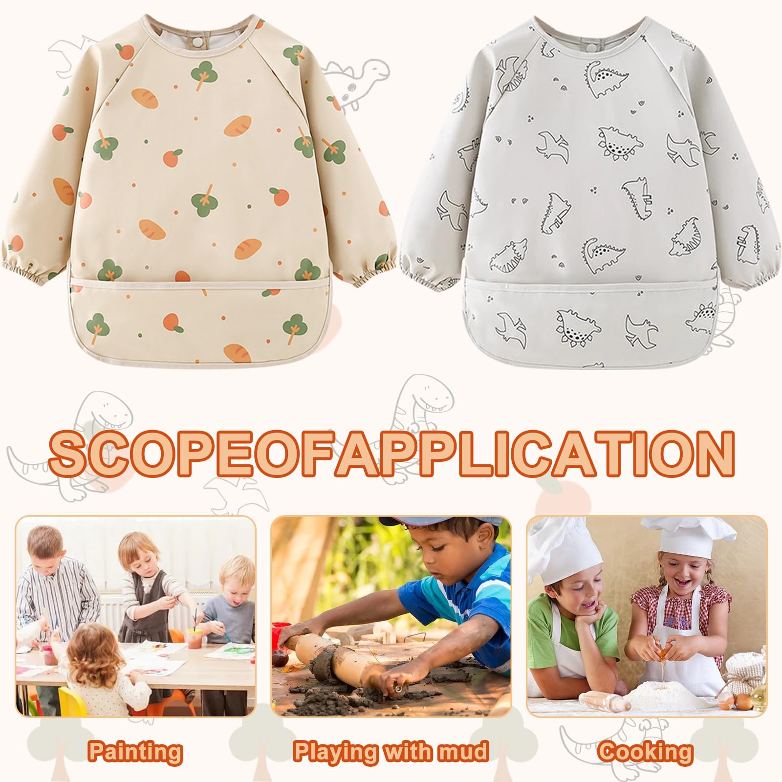 2PCS Bavoirs Manches Longues Bébé, Tablier Imperméable pour Enfants 2 à 3 Ans Motifs Arbre Dinosaure Bavoir Tablier Bébé pour Manger Jouer Peindre