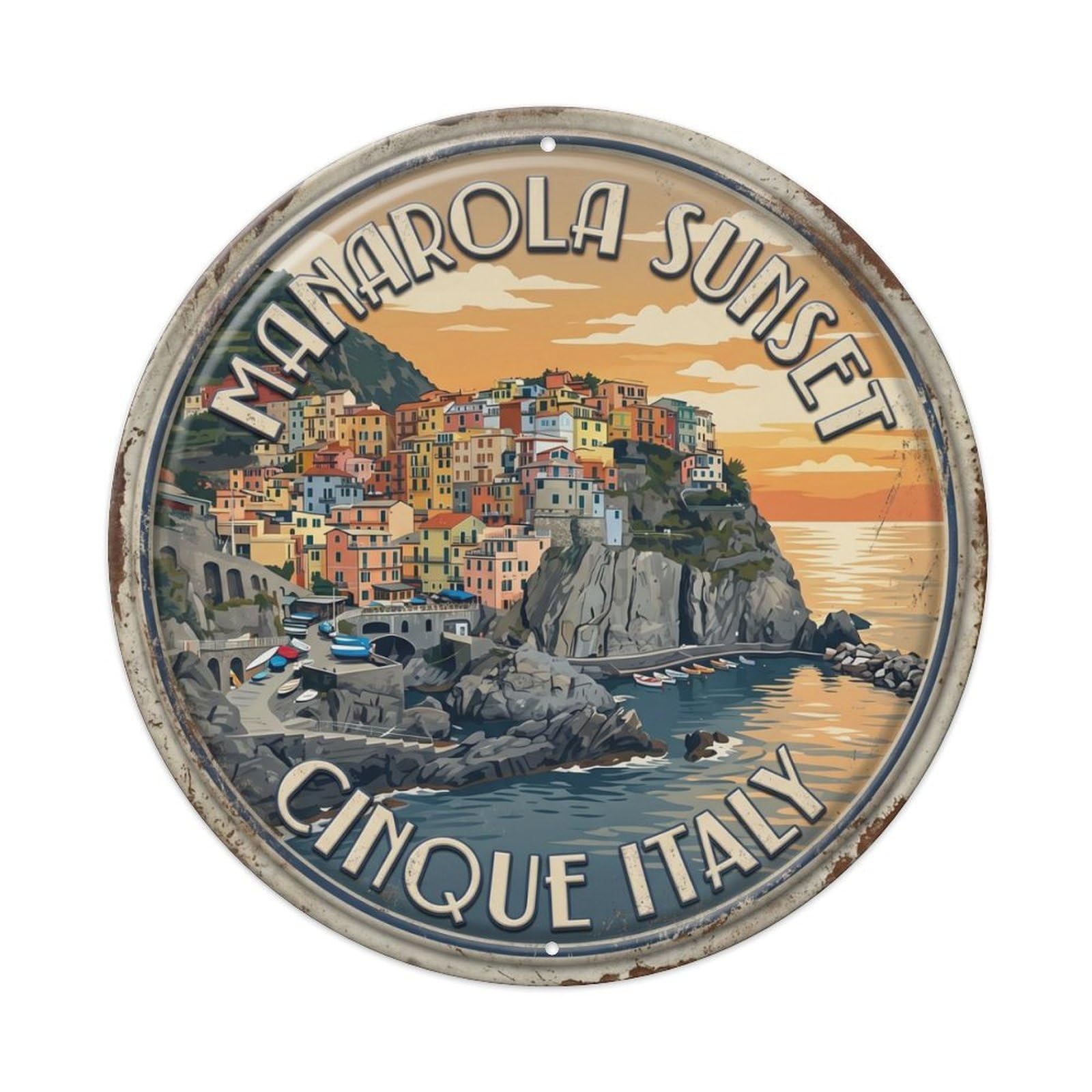Manarola Sunset Cinque Italy Village Metal Tin Sign Plaque Wall Decor for Cafe, Club Bar, Office, Home Garden Round Metal Poster 8x8Inch