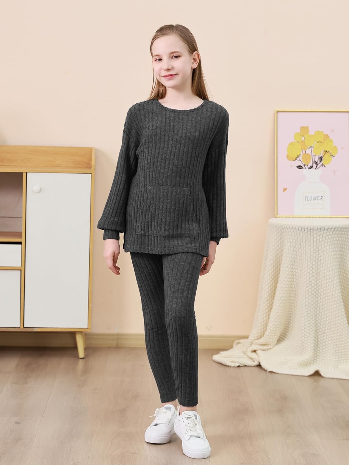 GORLYA Teen Girls 2 Piece Sweat Outfits Long Sleeve Ribbed Knit Sweatshirt Casual Legging Pant Kids Clothes Sets 6-14Y - Image 5