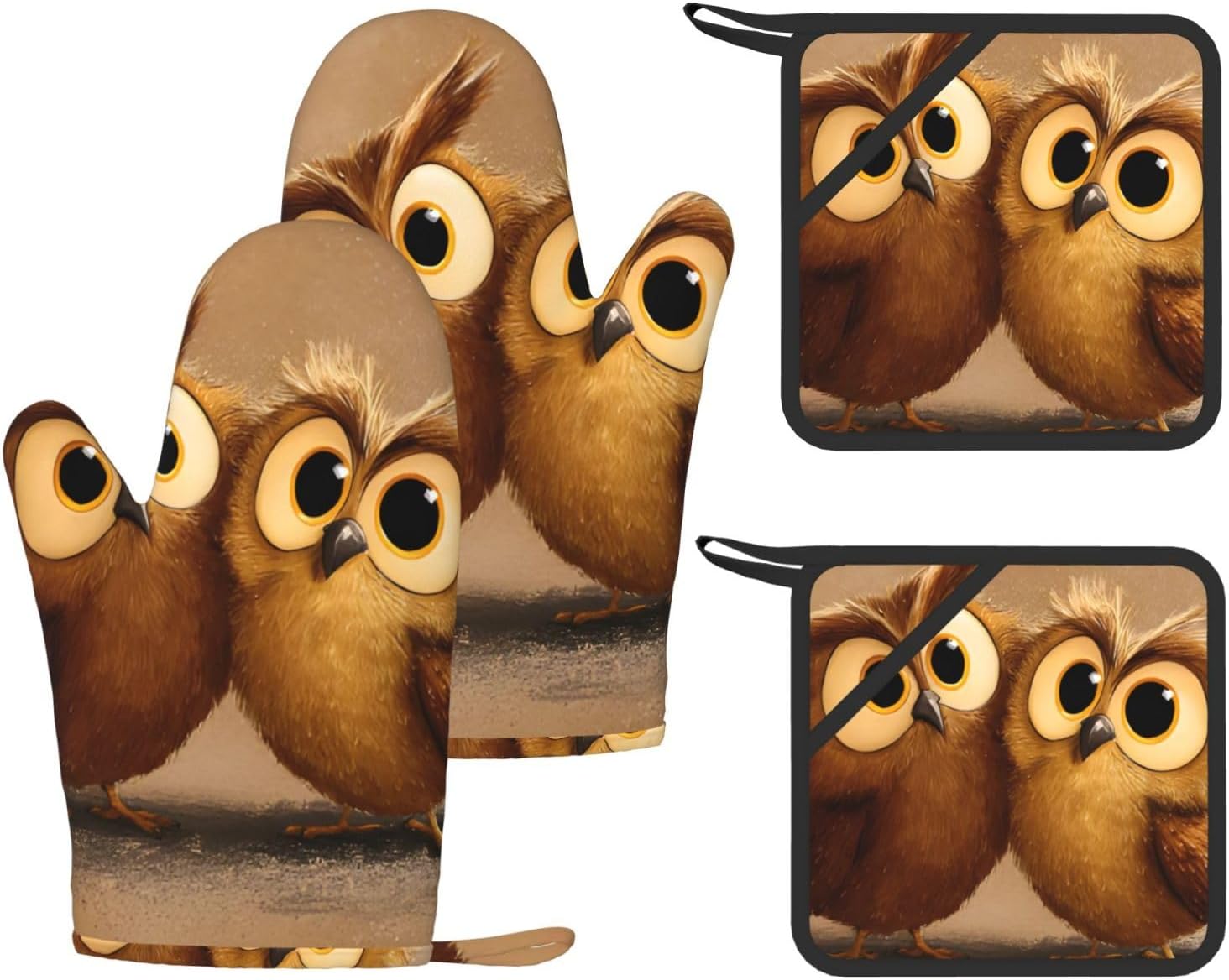 Cute Brown Cartoon Owls 4pcs Oven Mitts and Pot Holders Sets for Kitchen, Silicone Oven Gloves Non-Slip Potholders Hot Pads for Baking Cooking