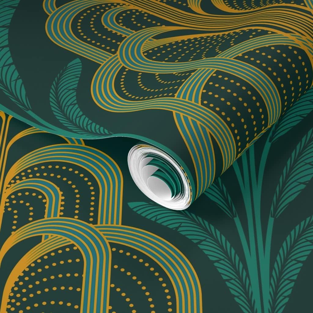 Spoonflower Removable Wallpaper 3ft x 2ft - Teal Art Deco Banana Leaf Tropical Waterfall Leaves Water Palms 1920S Custom Pre-Pasted Wallpaper