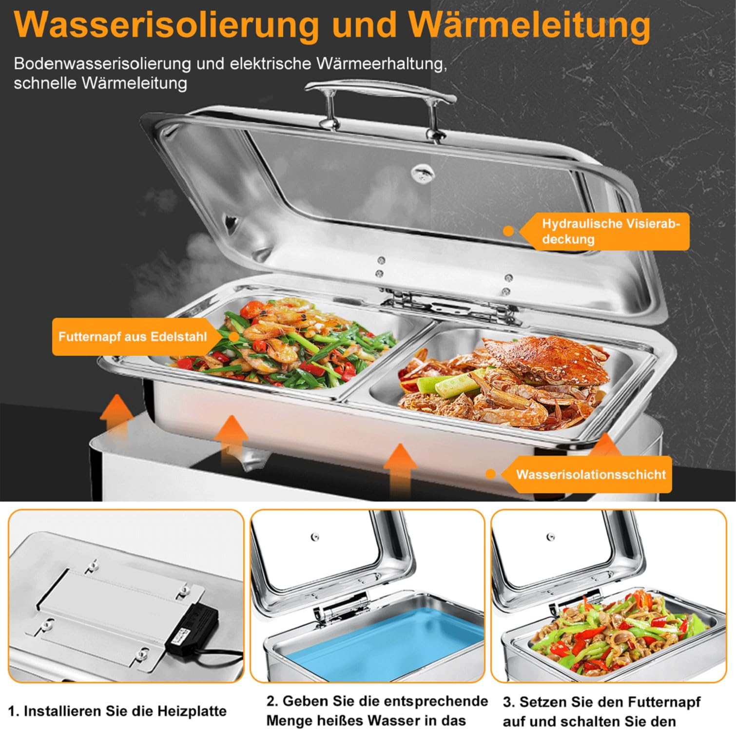 9L Chafing Dish Electrico de Acero Inoxidable, Chafing Dish Calentador de Comida para Buffet con Ajuste Perilla de Temperatura, Calentador de Buffet con Tapa Visible(A, 1/3 Pan)
