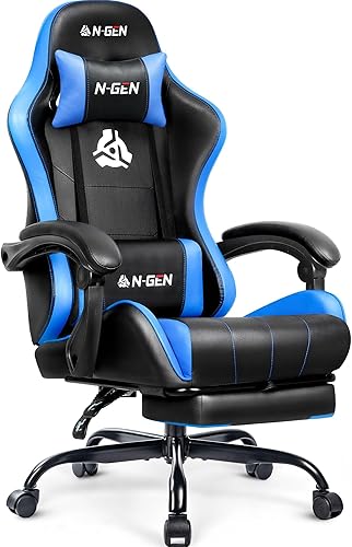 Vista 15 de N-GEN GAMING Silla de videojuegos con reposapiés, soporte lumbar para el hogar, oficina, respaldo alto, reclinable, altura ajustable, ergonómica