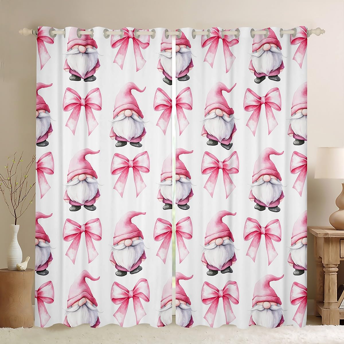 Pink Bowknot Kids Blackout Curtains,Cartoon Gnomes Tale Castle Toddler Window Drapes for Girls Women,Pink Bow Tie Knot Princess Cute Fashion Window Treatments Grommet Top 2 Panel Set,66Wx72L inch — image 1
