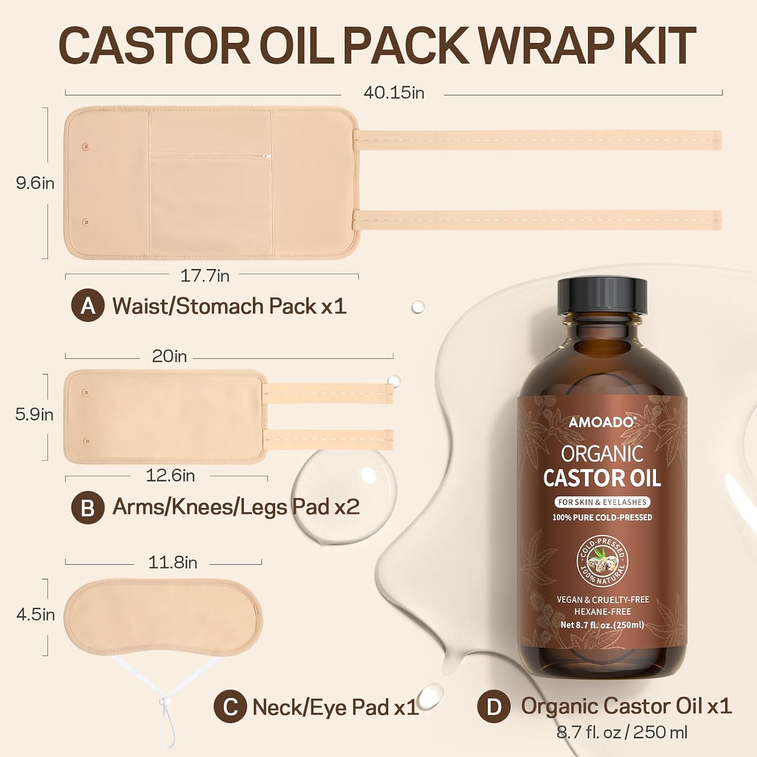 AMOADO Organic Castor Oil Pack Wrap Kit, Castor Oils Cold Pressed Unrefined Glass Bottle(8.7fl.oz), Caster Oil Wrap Belt for Arms Knee Legs, Adjustable Reusable Cotton
