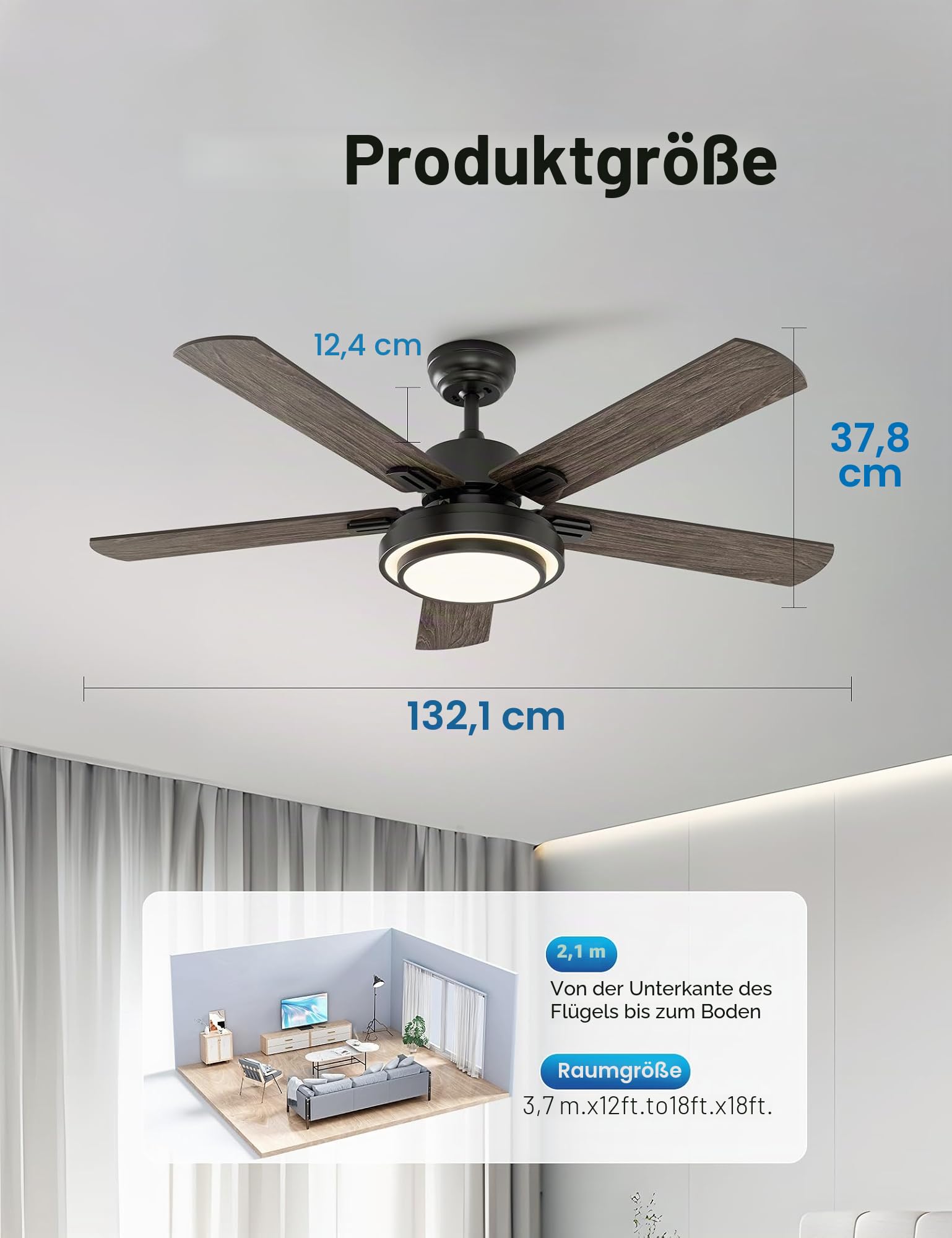 warmiplanet Deckenventilator mit Lichtern und Fernbedienung, 132,08 cm, Schwarz (5 Klingen)