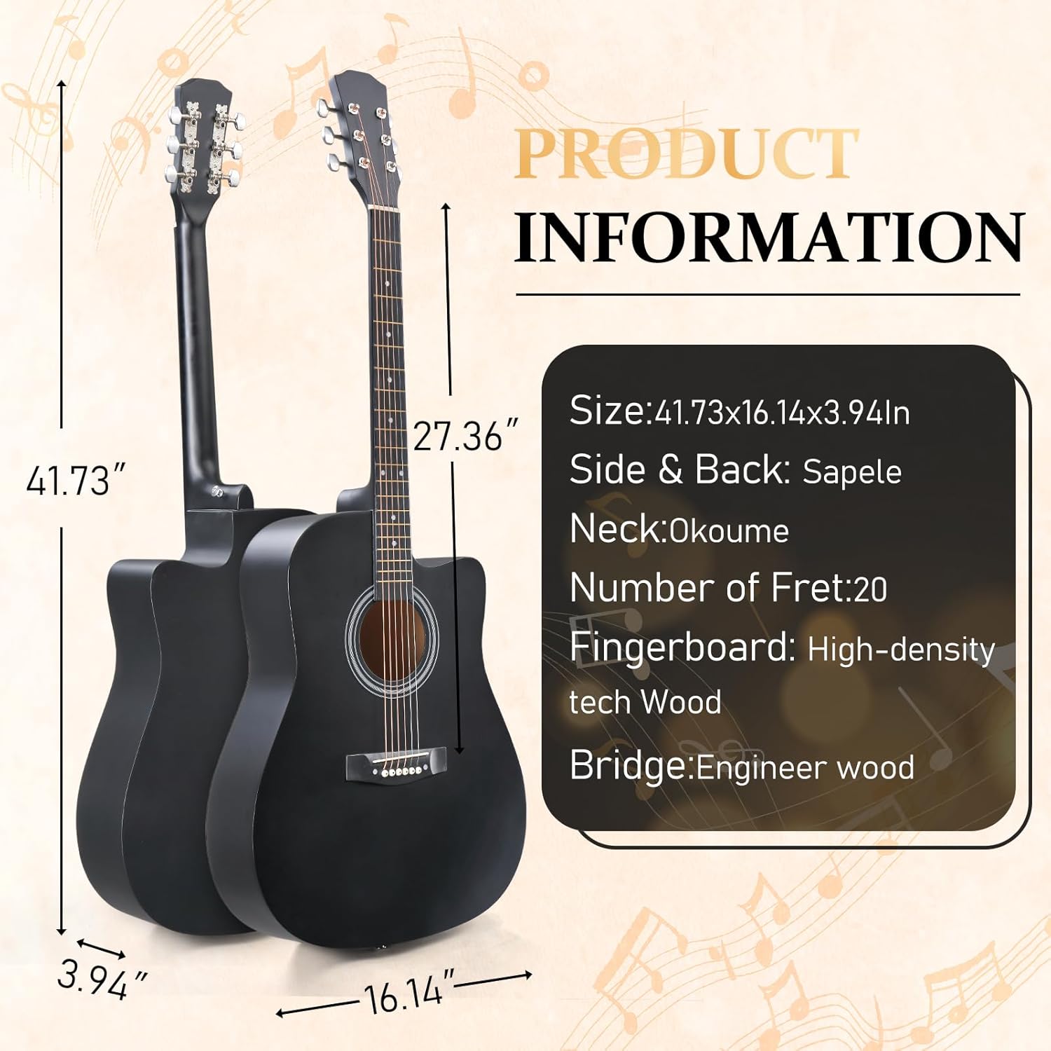 Ktaxon 41 Inch Beginner Acoustic Guitar, 6 String Basswood Classical Guitars Full Kit with Bag, Strap, Picks, Capo for Adults & Players, Black