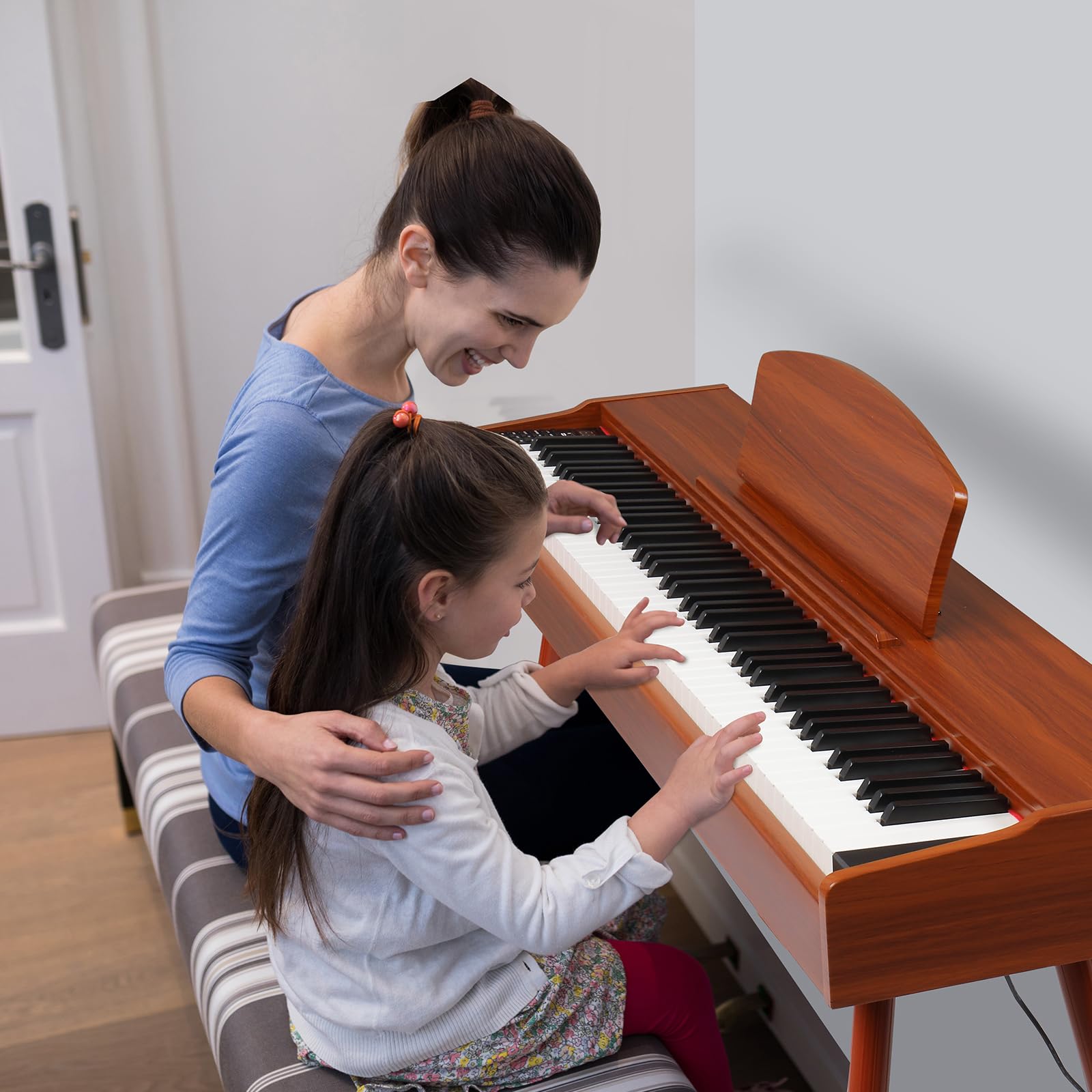 LALAHO Piano électrique 88 touches lesté, piano numérique pour débutants, clavier avec unité à 3 pédales, support à quatre pieds, double Bluetooth, haut-parleurs stéréo, rouge marron
