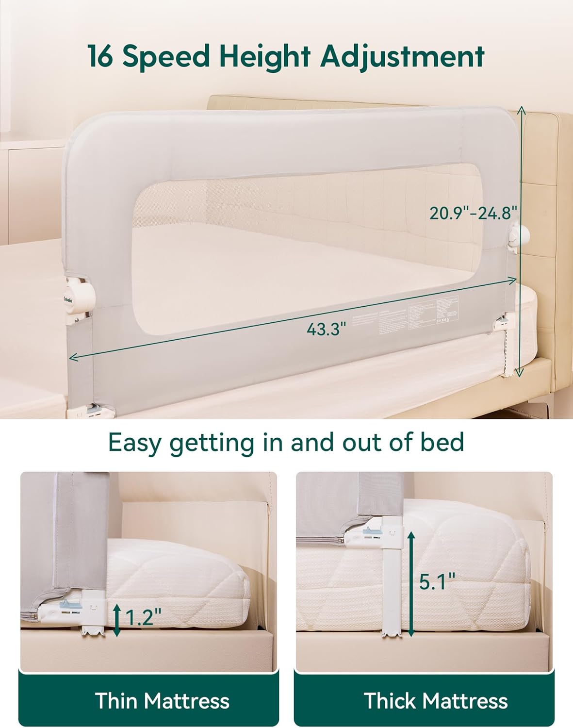 Bed rail height adjustment mechanism for thin and thick mattresses.