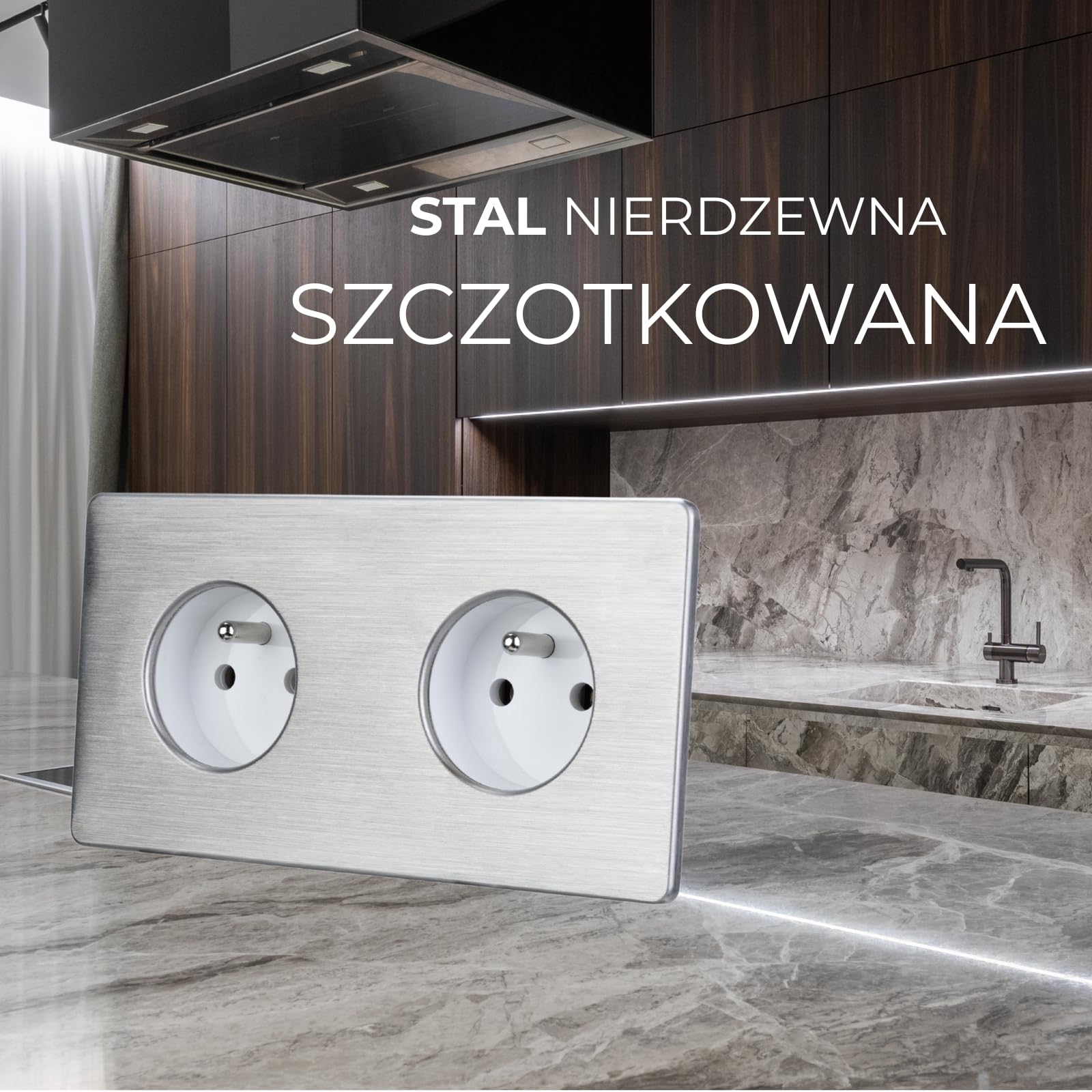 Gniazdko Elektryczne Podwójne Białe Stal Szczotkowana PREMIUM