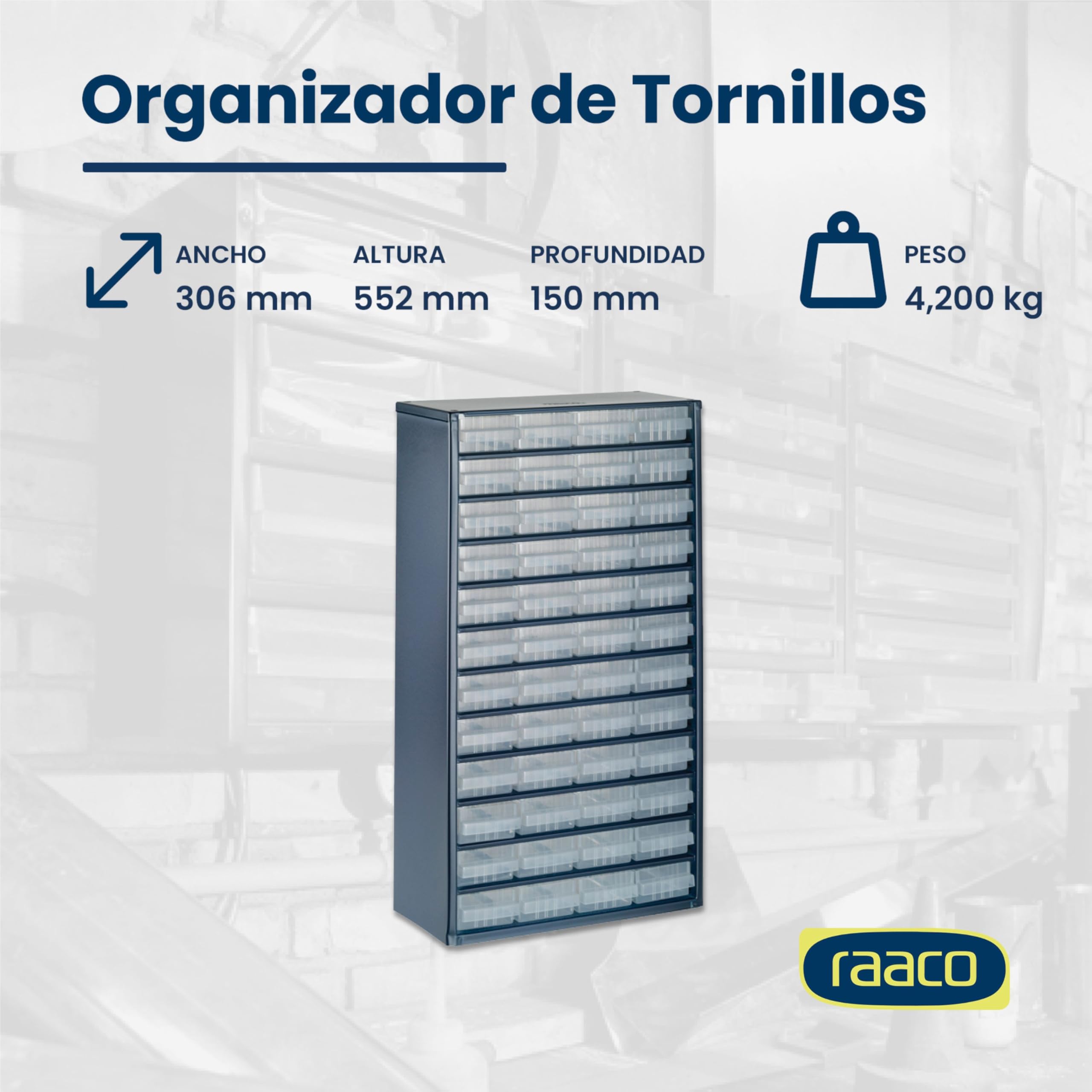 raaco Organizador de Tornillos C12-48, con 48 Cajones, Capacidad 39,6 kg, 15 x 30,6 x 55,2 cm, Apto para Montaje en Pared, Clasificador de Tornillos y Pequeñas Piezas para Taller