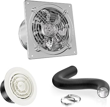 HG Power 8 Inch Exhasut Fan Kit - Metal Exhaust Fan, Round Vent Cover, 8-feet Flexible Air Ducting for Kitchen, Garage, Basement, Chicken Coop, Workshop, Greenhouse Ventilation Use