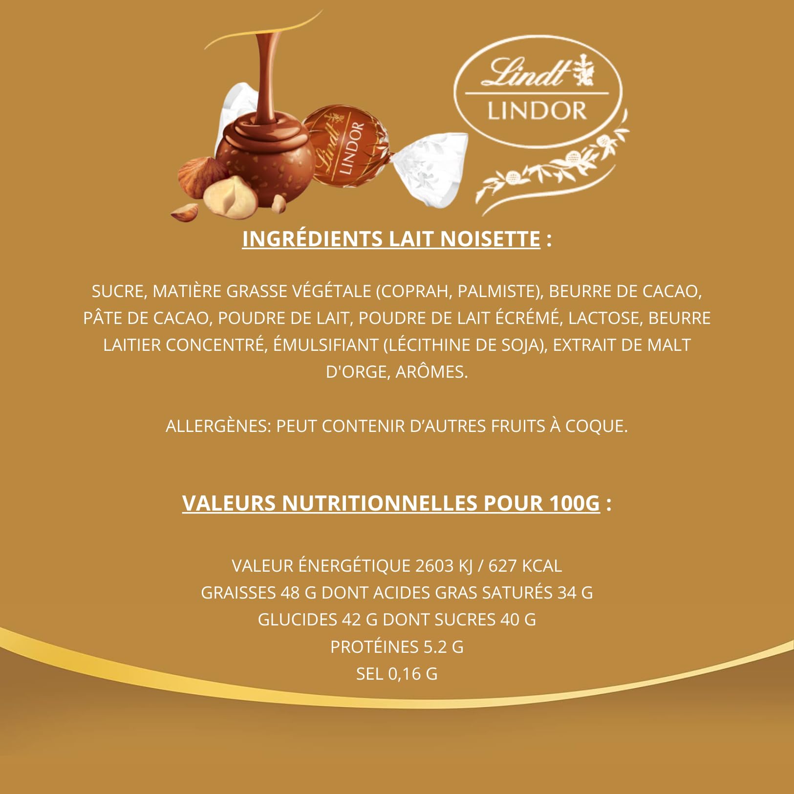 LINDT - 100 bouchées LINDOR Lait Fondant, Noisette et Caramel - 1,25 kg
