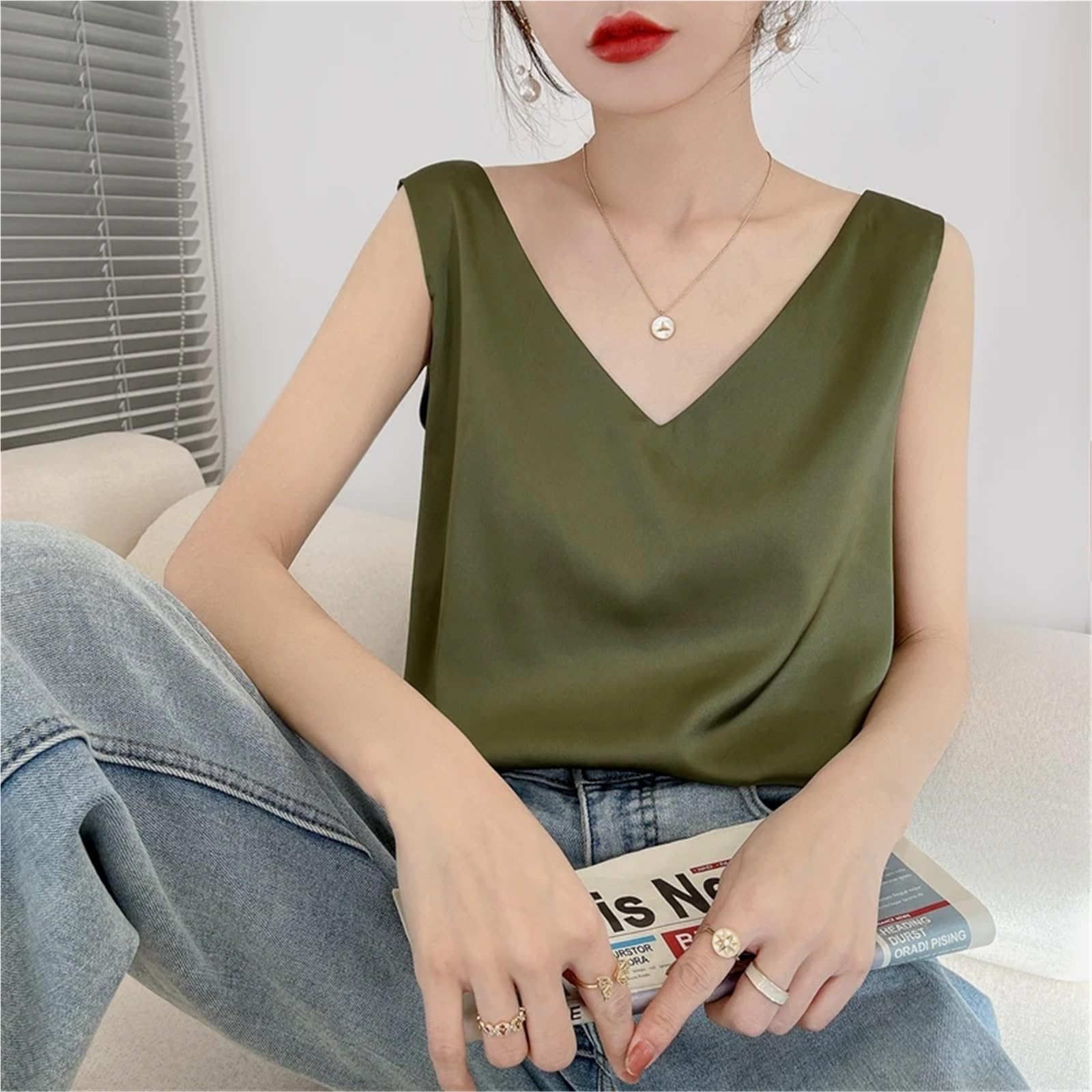 Camisola SóLida BáSica Chaleco de Tirantes Seda for Mujer, satén Liso, Estilo Jersey Salvaje Primavera, con Escote en V Interior Delantero y Trasero, Fino for Verano para Niña Camisola
