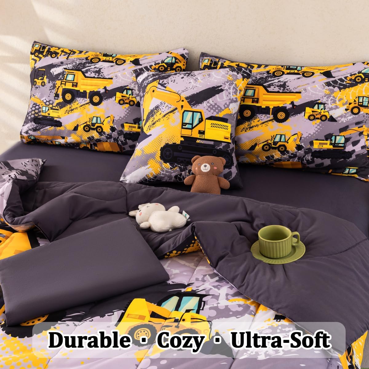 6 Pcs Twin Bedding Set for Boys, Kids Construction Truck Comforter Sets with Sheets, Excavator Truck Twin Boys Bedding Sets - Image 7