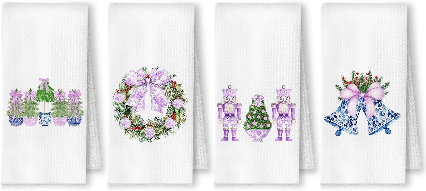 Purple Chinoiserie Christmas Kitchen Towels, Grandmillennial Christmas Dish Tea Towels, Blue White Xmas Tree Wreath Nutcracker Bell Decorative Hand Towels for Bathroom, 16x24 Inch Set of 4