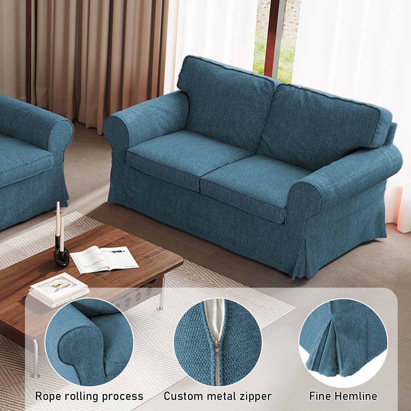 MASWOND EKTORP 3 Seat Sofa Cover Jacquard Fabric Cover Replacement is Custom Made Slipcover Compatible for IKEA EKTORP Sofa Only (7pcs,Blue)