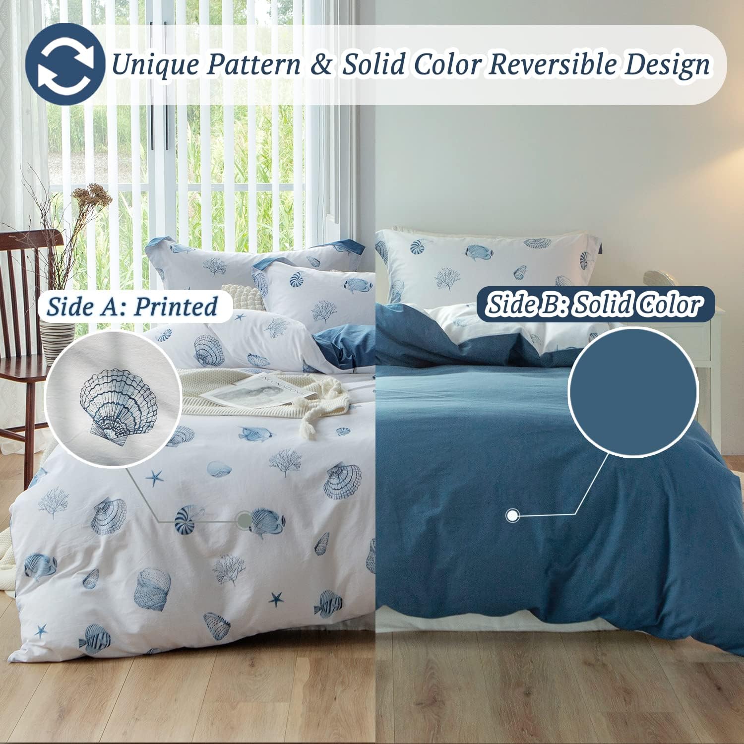 MILDLY 100% Washed Cotton Duvet Cover - Blue Seashell Pattern Comforter Cover Set Nautical Coastal Bedding Set with Zipper Closure 4 Ties King Size