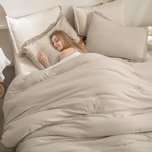 Miniatura 4 de Andency - Juego de edredón con borlas color avena, tamaño California King, 3 piezas. Juego de edredón ligero con borlas estilo bohemio, de felpa