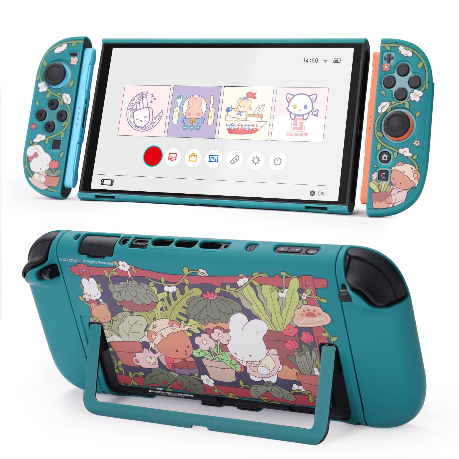 GeekShare Schutzhülle kompatibel mit Switch 2, niedliche, dockbare Cartoon-Hülle kompatibel mit Switch 2, kratzfestes und stoßfestes Design – Bunny Garden