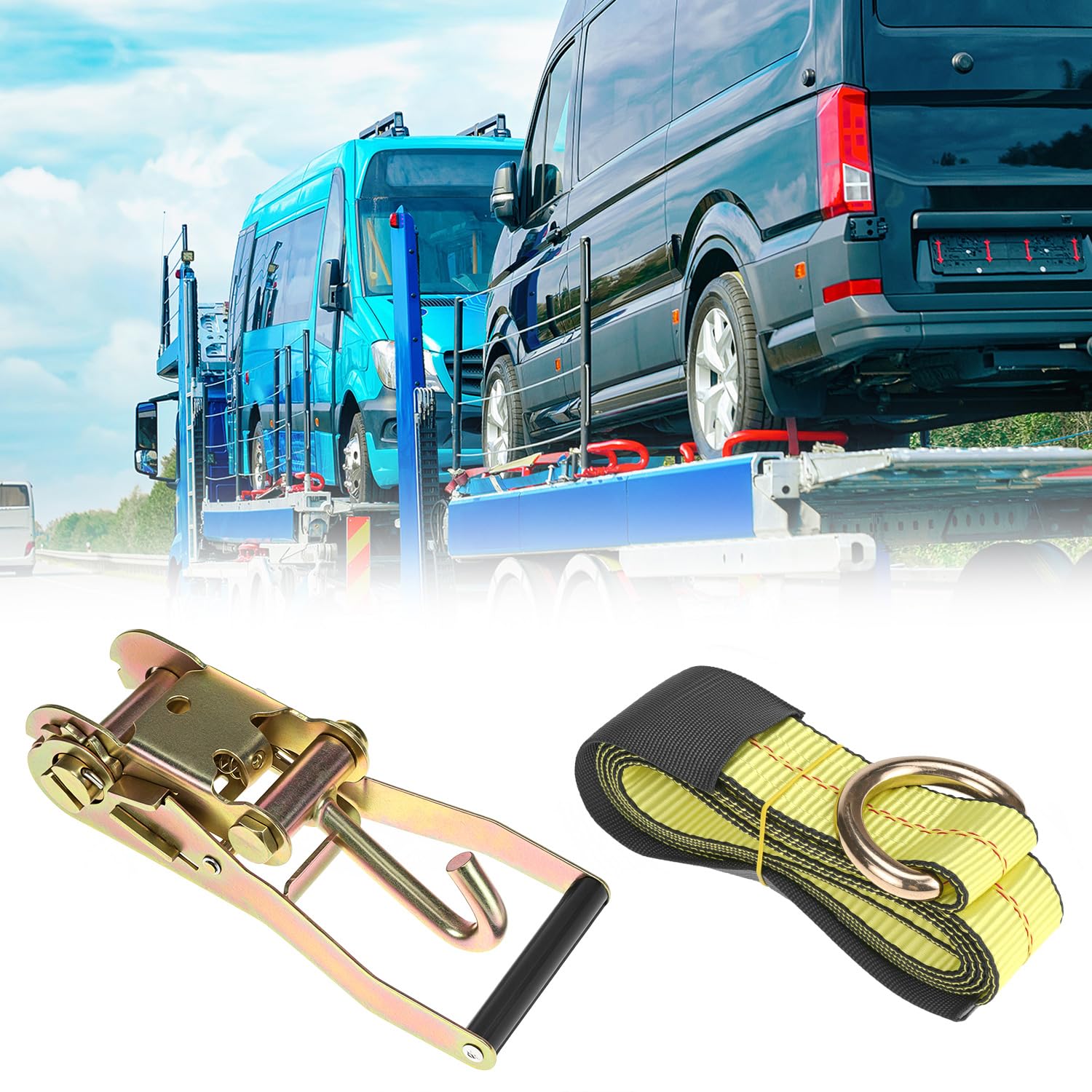 QWORK Cinghie di fissaggio per rimorchi per auto, confezione da 4, 5,1 x 243,8 cm, resistenza alla rottura di 4,5 kg, con ancoraggi a catena, in poliestere resistente ai raggi UV, per proteggere auto