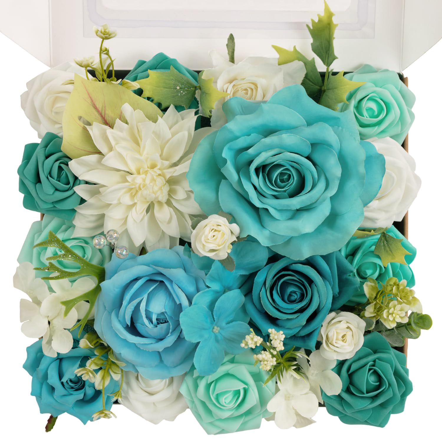 TINGE TIME Artificial Flowers Combo Set Teal Blue & White Flowers Mix Silk Flowers Roses with Stem for DIY Wedding Bridal Bouquets Baby Shower Floral Arrangement Table Centerpieces Home Decorations