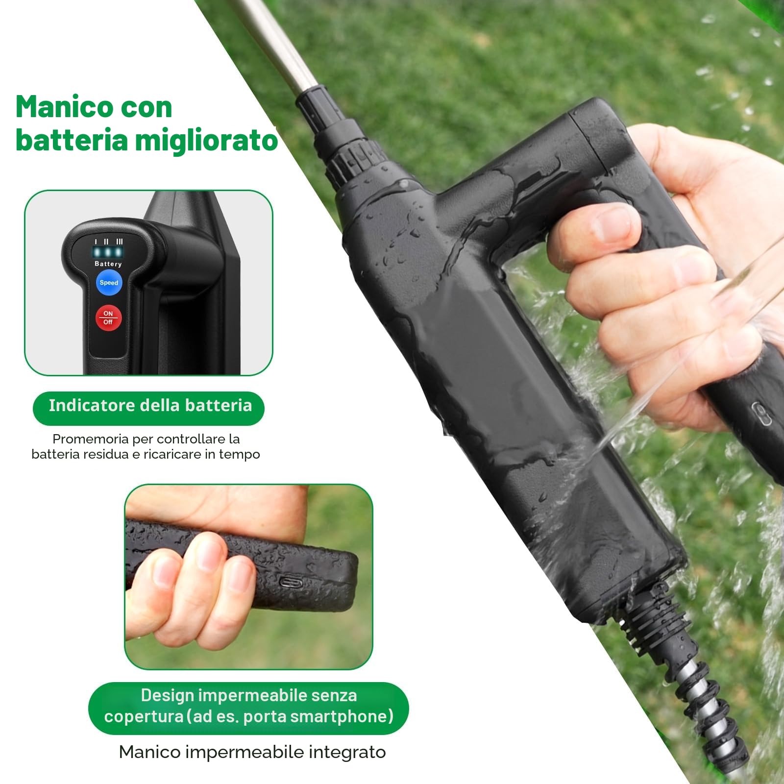 SYLSTAR Pompa Irroratrice a Batteria,3 Velocità di Pompa Irroratrice 8m,7.4V Spruzzatore Forte con Indicatore di Batteria, 4 Ugelli Regolabili Nebulizzatore Piante con 60CM Asta Telescopica