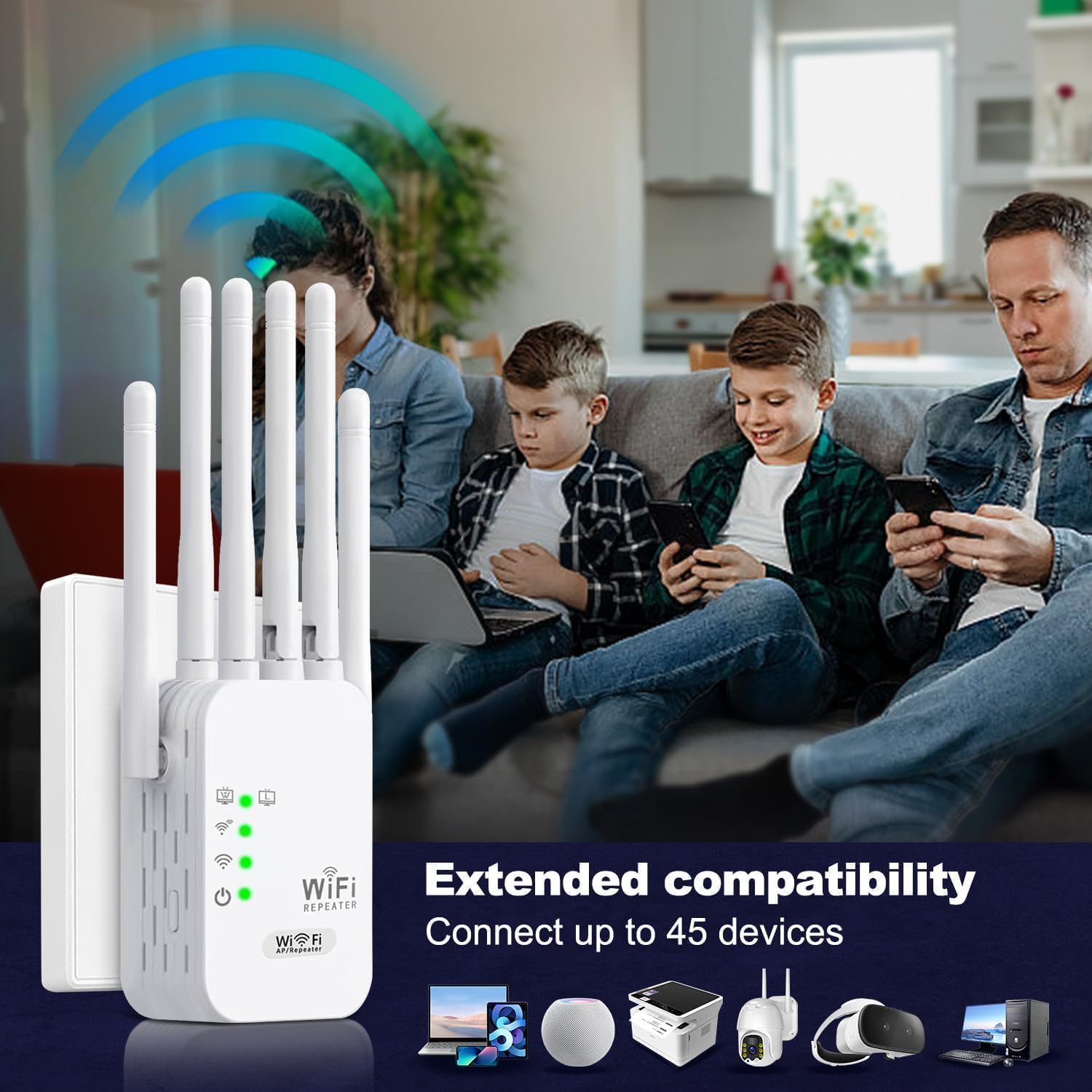 Amplificador Señal WiFi con 6 Alta Ganancia Antenas Repetidor WiFi Largo Alcance con 300Mbps WiFi Extender 2 Puertos LAN Cobertura hasta 400 m² Instalación Acción Router/Ap Modos para hogar Oficina — view 7