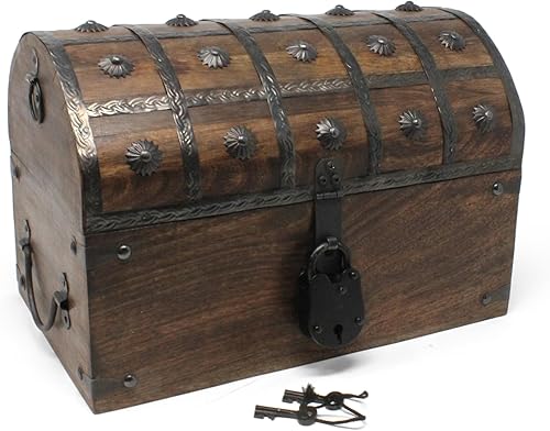 Nautical Cove - Cofre del tesoro pirata con cerradura de hierro y llave de esqueleto, almacenamiento de madera y caja decorativa (L, 13 x 8 x 8.25)