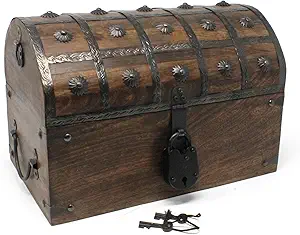 Nautical Cove Pirate Treasure Chest with Iron Lock and Skeleton Key (Large 13x8x8.25) – Wooden Storage Chest, Pirate Decor, Decorative Wooden Box, Keepsake Box