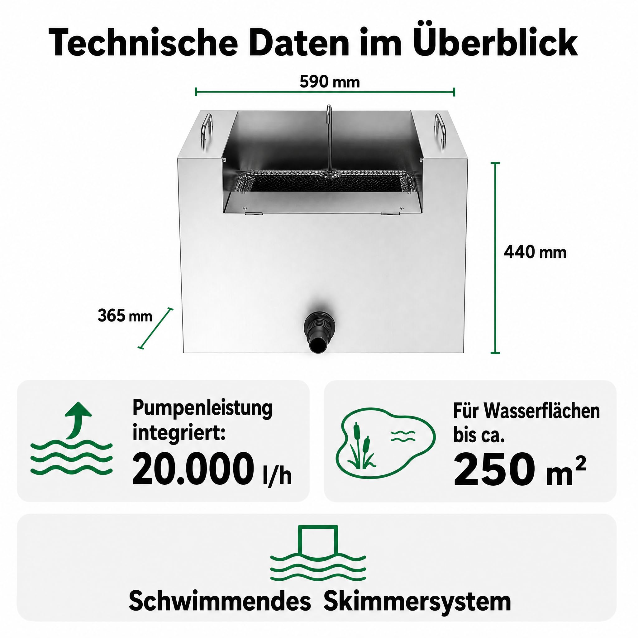 AquaOne Teichskimmer CSP-16000, schwimmender Oberflächenskimmer für Teiche & Koiteiche, integrierte 20.000 l/h Pumpe, großer 20–22 l Filterkorb, Edelstahlgehäuse